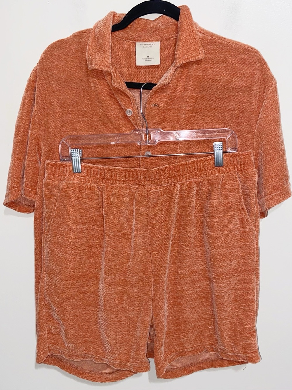 Massive Luxury Set Mens M/L Shirt & Shorts Soft Knit Stretch Beach Retro Orange